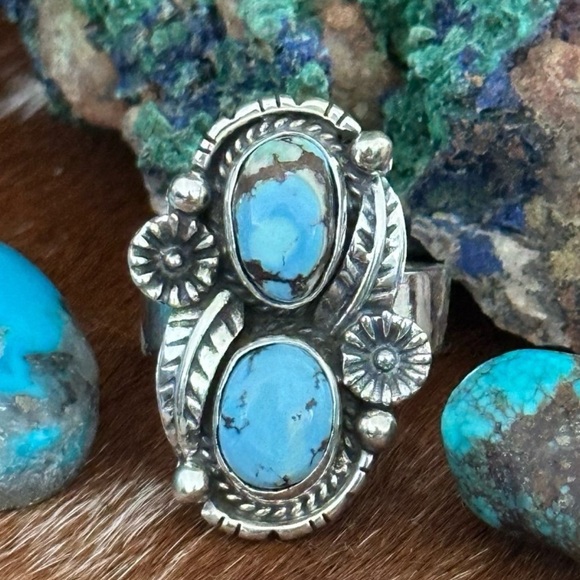 Golden hills turquoise double stone southwestern Sterling silver adjustable ring - Picture 6 of 6